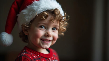 A cute little happy cheerful boy in a Santa Claus hat on the background of Christmas lights.