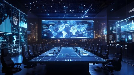 Poster - Futuristic corporate boardroom setting with augmented reality screens displaying data visualization and digital analytics  Concept of modern technology smart business planning