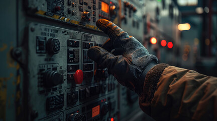 Poster - Military suspense, gloved hand in military sleeve, extreme close up, control panel with red buttons.