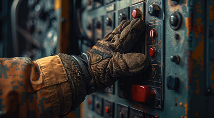 Poster - Military suspense, gloved hand in military sleeve, extreme close up, control panel with red buttons.