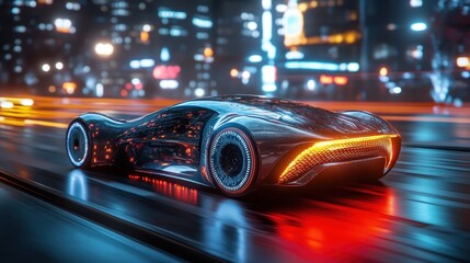 Futuristic Electric Car on Neon-Lit City Street at Night with Blurred Motion Effect