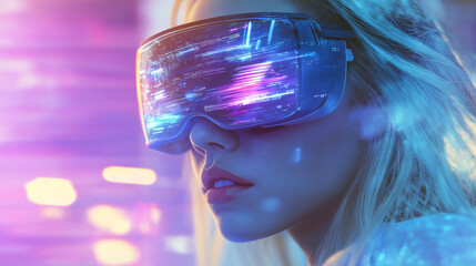 Poster - Beauty girl in hi-tech VR glasses with elements of artificial intelligence. Background in a high-tech style. Shining lines and patterns resembling neural networks, connections, and digital circuits.