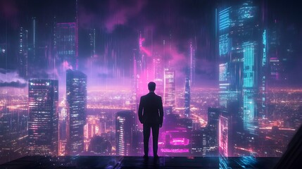Poster - Futuristic CEO Envisions Holographic Strategic Plan for Neon Lit City Skyline