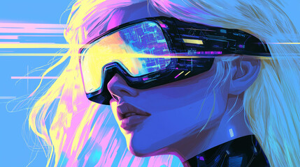 Poster - Beauty girl in hi-tech VR glasses with elements of artificial intelligence. Background in a high-tech style. Shining lines and patterns resembling neural networks, connections, and digital circuits.
