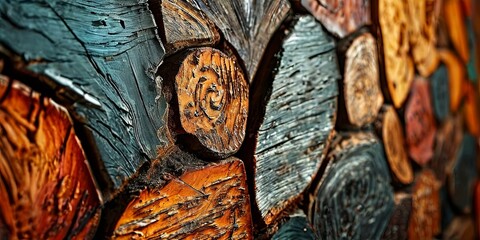 Poster - A wall made of wood with a variety of different colored pieces