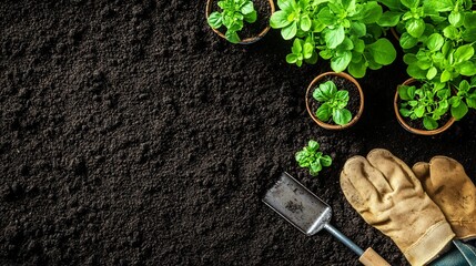 Wall Mural - Top view of gardening tools and seedlings on soil background.