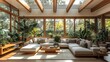 © visoot - A living room full of plants, mid century, modern furniture, lots of windows, skylights, hardwood, wood beams.