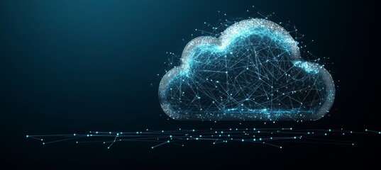 Abstract Blue Glowing Cloud Computing Connectivity. Polygonal Illustration Made Of Lines And Dots