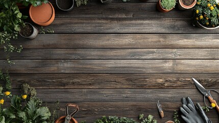 Wall Mural - Top view of rustic wooden background with gardening tools and potted plants.