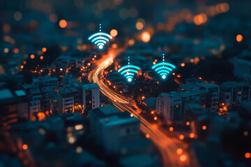 A cityscape with three Wi-Fi hotspots in the middle of the street. The lights of the city are bright and the Wi-Fi hotspots are glowing in the night sky