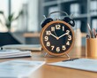 © Sumet - A stylish alarm clock set on a wooden desk, symbolizing time management and productivity in a modern office environment.