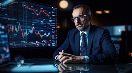 A thoughtful businessman analyzing financial data in a modern office, surrounded by technology and digital displays at night.