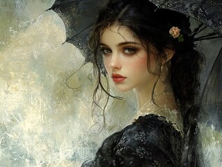 Canvas Print - Elegant Woman with Rose in Hair and Black Umbrella - Vintage Portrait Art