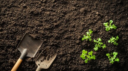 Sticker - Two gardening tools and several green sprouts growing in dark rich soil.