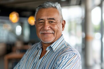 Canvas Print - Portrait of successful senior Maori businessman consultant looking at camera and smiling inside modern office building , background blur