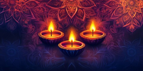 Sticker - Diwali poster design featuring glowing diyas and intricate patterns.