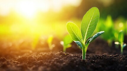 A vibrant green seedling emerging from dark soil, illuminated by warm sunlight, symbolizing growth and new beginnings.