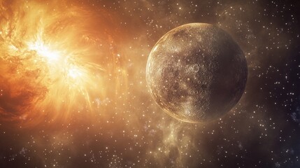 Wall Mural - mercury orbit around the sun, showing the small, rocky planet against the vast backdrop of space and