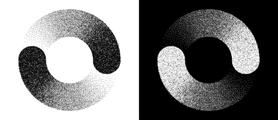 Fototapete - Abstract art background with dotted circle. Stipple effect with chaotic noise in spiral. Black shape on a white background and the same white shape on the black side.