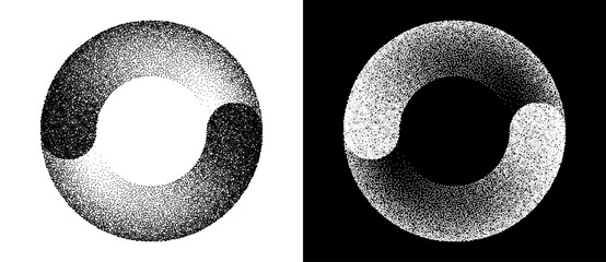 Poster - Abstract art background with dotted circle. Stipple effect with chaotic noise in spiral. Black shape on a white background and the same white shape on the black side.