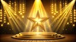 © lapeepon - Golden stage with star and spotlights for entertainment performance , stage, golden, star, spotlights, entertainment