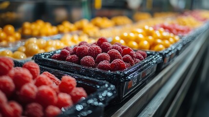 Wall Mural - Fresh Raspberries and Oranges in a Grocery Store