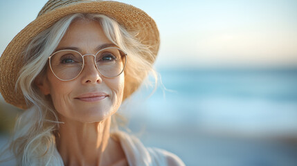 Wall Mural - Portrait of beautiful senior woman in hat and eyeglasses on beach