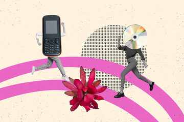 Wall Mural - Composite artwork collage image picture of two people mobile phone cd disc instead head run big flower isolated on creative background