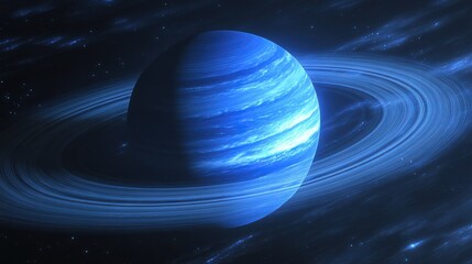 Canvas Print - neptune great dark spot storm swirling in the planet deep blue clouds, with faint rings glowing soft