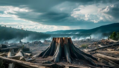 Wall Mural - Echoes of Destruction: Fallen Stumps and Scattered Debris Beneath a Foreboding Cloudy Sky