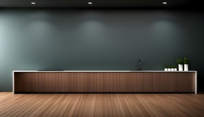 Wall Mural - Modern minimalist interior featuring a green kitchen complemented by a stylish wood slat wall design