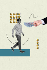 Poster - Vertical collage picture young man profession job worker walk step take salary money cash banknotes hand body fragment drawing background