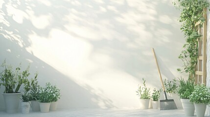 Wall Mural - White wall with potted plants, rake and shadows.