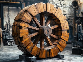 Wall Mural - Massive Wooden Wheel in an Industrial Setting