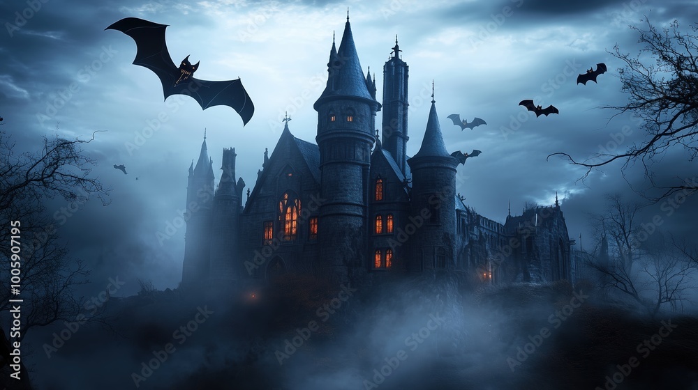 A dark and eerie vampire castle at night surrounded by flying bats, set ...