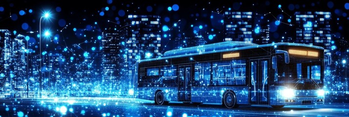 Autonomous Electric Bus, Futuristic City Street with Connection Network, Blue Background