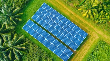 Aerial view of solar panels surrounded by lush greenery, showcasing renewable energy technology in an eco-friendly environment.