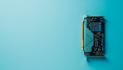 Aufkleber - One graphics card on light blue background, top view. Space for text