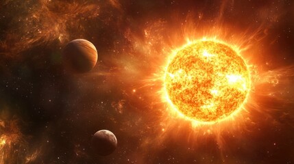 Wall Mural - the sun at the center of the solar system, radiating intense heat and light, surrounded by orbiting 