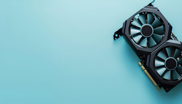 One graphics card on light blue background, top view. Space for text