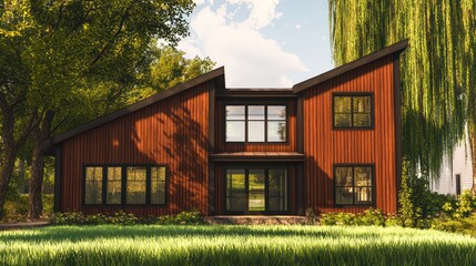 Modern farmhouse exterior with vertical cherry paneling, licorice trim details on windows and roofline, set against mint grass and surrounded by willow trees