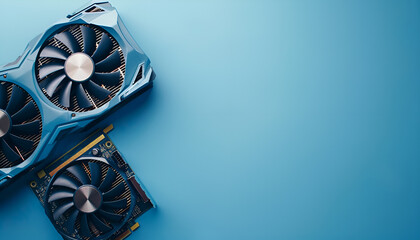 Aufkleber - One graphics card on light blue background, top view. Space for text