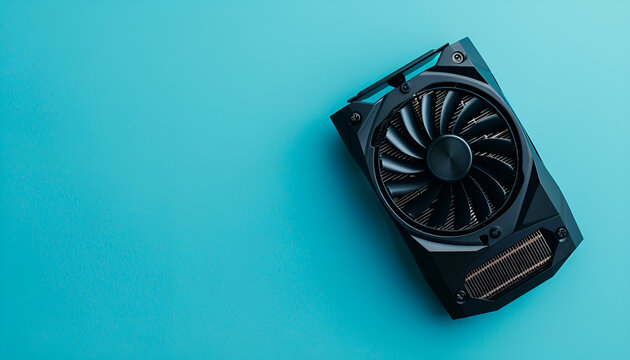 One graphics card on light blue background, top view. Space for text