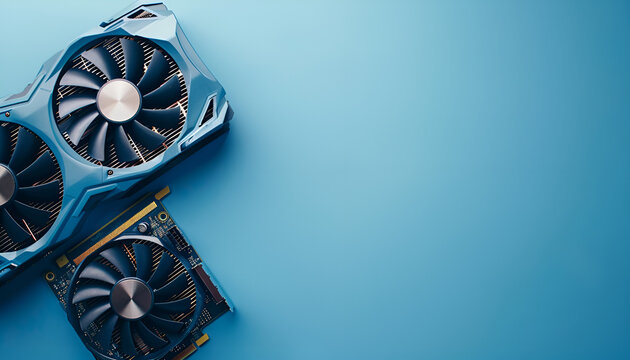 One graphics card on light blue background, top view. Space for text