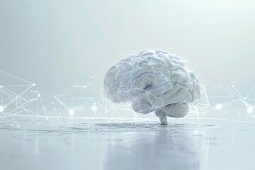 Poster - A futuristic conceptual representation of a brain surrounded by digital connections and network patterns in a minimalist setting. Generative AI