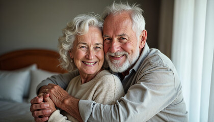 portrait, bedroom and old couple with smile, hug and bonding together with anniversary, care and hom