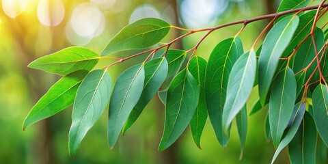 Wall Mural - Eucalyptus leaves on tree twig, lush green foliage of gums plant , Eucalyptus, leaves, tree, twig, green, foliage, fresh