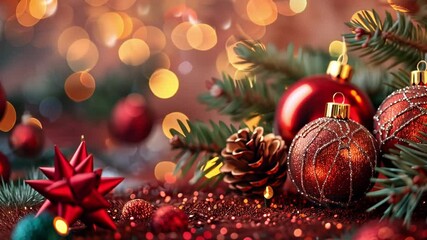 Poster - Brightly colored Christmas ornaments and pine cones are arranged on a vibrant red background, illuminated by twinkling festive lights, creating a joyful holiday atmosphere.