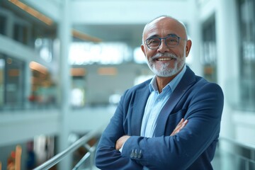 Poster - Portrait of successful senior Turk businessman consultant looking at camera and smiling inside modern office building , background blur