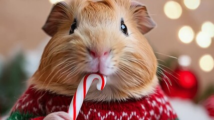 Wall Mural - Cute guinea pig in holiday sweater holding candy cane with festive lights